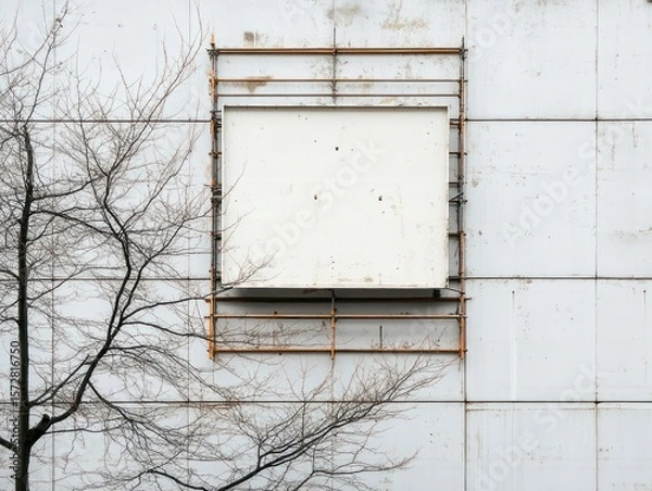 Obraz A stark architectural composition featuring a boarded-up window and bare tree branches against a textured wall.