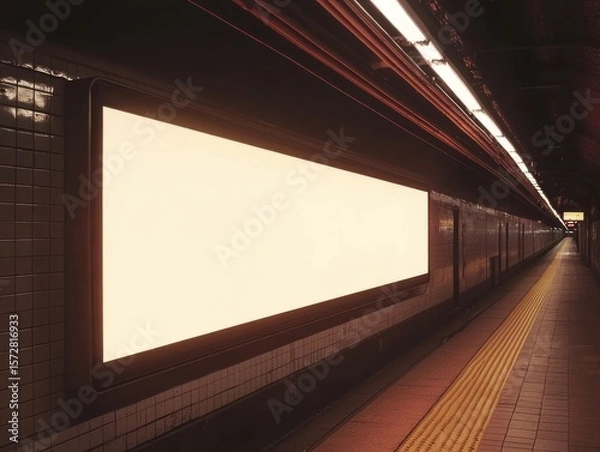 Obraz Illuminated blank billboard in a subway station, awaiting advertisement, with tiled walls and receding perspective.