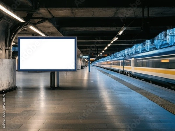 Obraz Blank billboard advertisement in a modern train station with a high-speed train arriving at the platform.