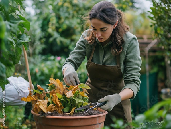 Fototapeta Woman gardening with gloves and apron in green backyard