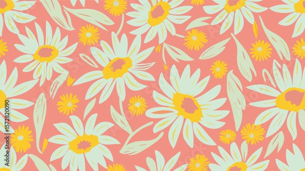 Obraz Floral pattern with large daisies and smaller flowers on a salmon colored background design element