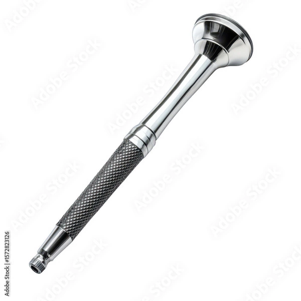 Fototapeta Polished metal shower head with textured grip and chrome fixture isolated on transparent background