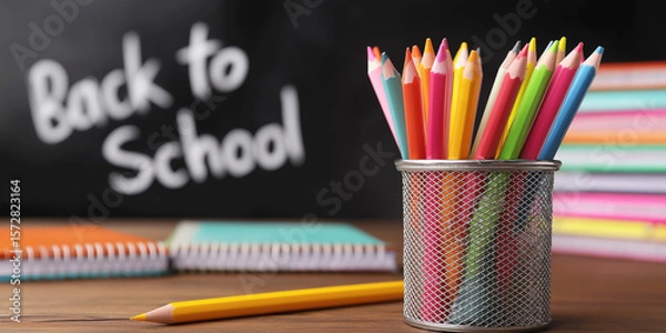 Fototapeta Pencils in a pot, books on a  school desk, and the text back to school written on a chalkboard.