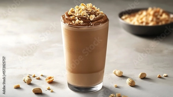 Fototapeta A creamy chocolate peanut butter smoothie, topped with crushed peanuts, in a health-focused setting with space for text