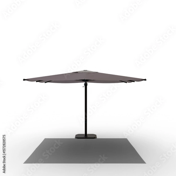 Fototapeta square-shaped cantilever patio umbrella with a slender, dark pole and a square base stands isolated. The umbrella's fabric appears taut and smooth