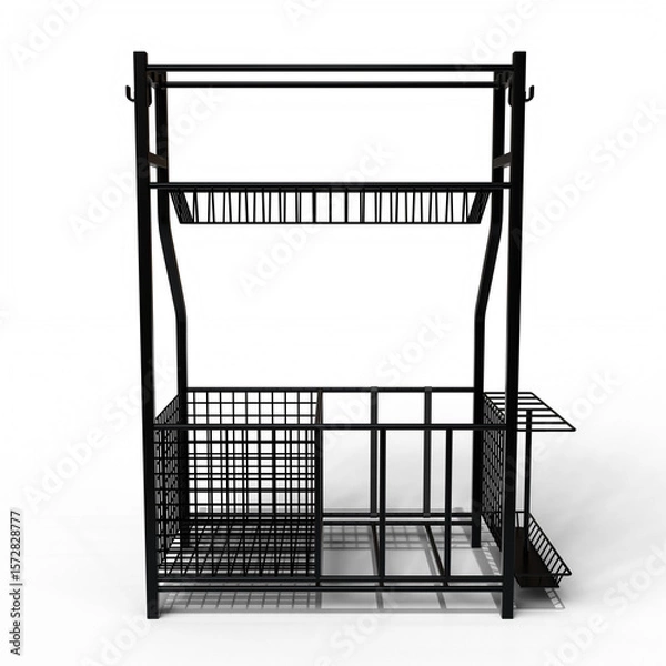 Fototapeta A dark metal frame structure, possibly a cage or industrial shelving unit, features two levels with mesh sides and a small, enclosed lower section.  The top level has a flat surface. 