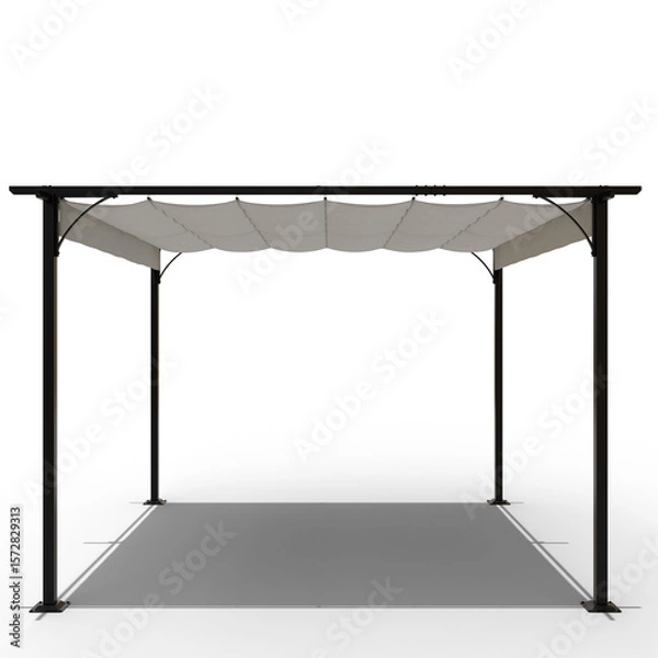Fototapeta square gazebo with a light beige, paneled fabric canopy supported by a sleek, dark gray metal frame resting on four sturdy, square-based posts.  The gazebo offers shade and a defined outdoor space