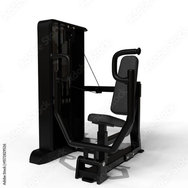 Fototapeta seated chest press machine with padded seat and backrest, featuring a vertical frame and adjustable handles for targeted upper body strength training.  The design is modern and minimalist