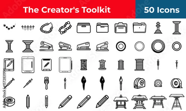 Fototapeta Art and craft icon set for creative design projects, a collection of outline symbols for painting, drawing, and school supplies.
