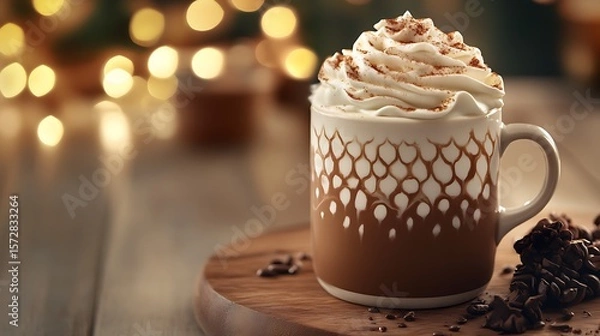 Fototapeta A creamy mocha latte in a cup, topped with whipped cream, with a cozy setting and room for text