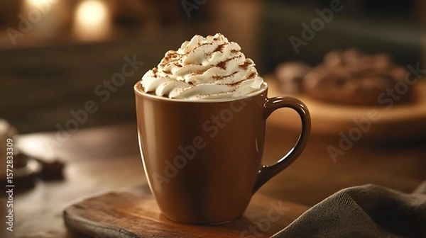 Fototapeta A creamy mocha latte in a cup, topped with whipped cream, with a cozy setting and room for text