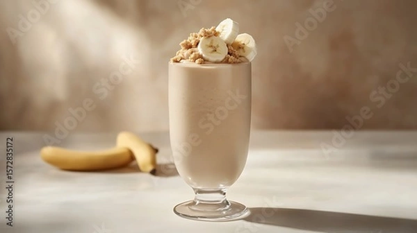 Fototapeta A creamy peanut butter banana smoothie in a clear glass, garnished with banana slices, in a health-focused setting with empty space for text