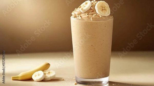 Fototapeta A creamy peanut butter banana smoothie in a clear glass, garnished with banana slices, in a health-focused setting with empty space for text