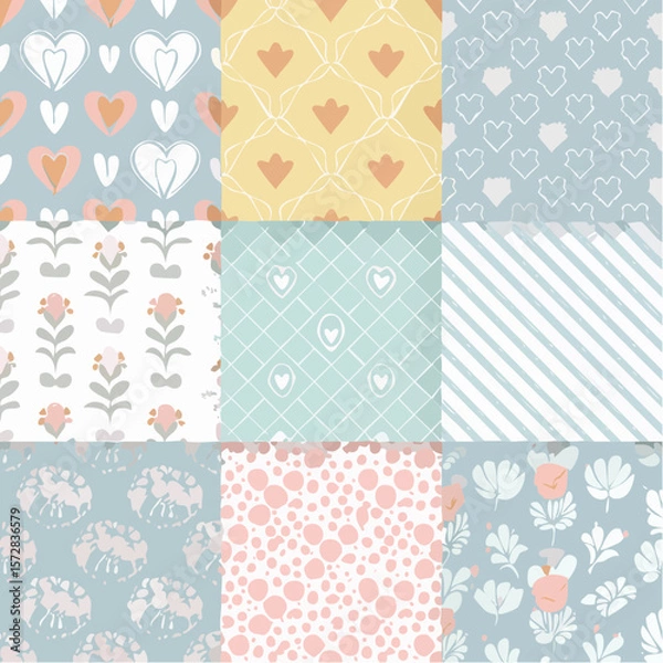 Fototapeta Set of y2k seamless vector patterns with hearts, thorns, flowers, checkered and psychedelic shapes. Glamour backgrounds for card, poster, banner design. Girly templates. Trendy covers in pastel ...