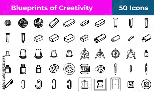 Fototapeta Architecture and art icon set for creative design and drafting, a collection of outline vector symbols for professional tools.
