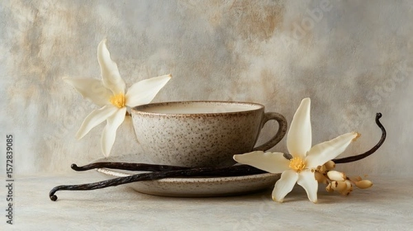 Fototapeta A cup of creamy vanilla chai, with vanilla pods, in a relaxing indoor setting with space for text