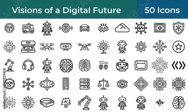 Fototapeta Futuristic icon set for conceptual artificial intelligence themes, with symbols for robotics, digital consciousness, and the future of technology.
