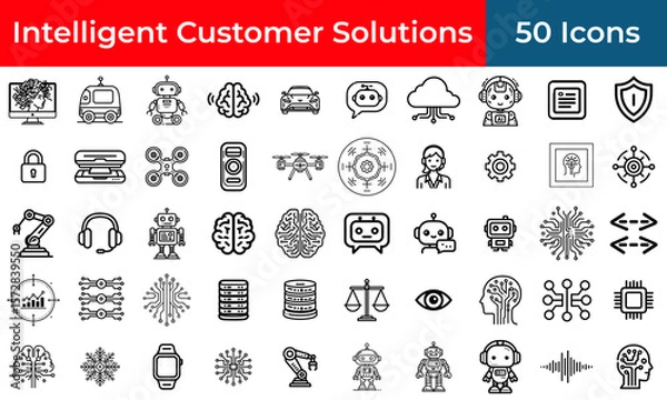Fototapeta Customer service icon set for AI chatbot and support automation, a collection of outline vector symbols for helpdesk and user assistance.
