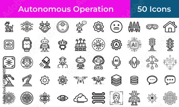 Fototapeta Autonomous systems icon set for robotics and logistics, a collection of outline symbols for delivery drones and smart factory automation.
