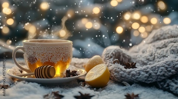 Fototapeta  A cup of ginger and lemon hot tea, with a honey jar, with a cozy winter background and space for text