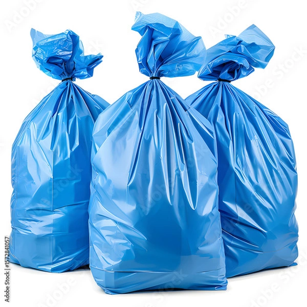 Fototapeta Set of Blue Trash Bags Neatly Stacked Ready for Use White Isolated on Transparent or White Background, PNG