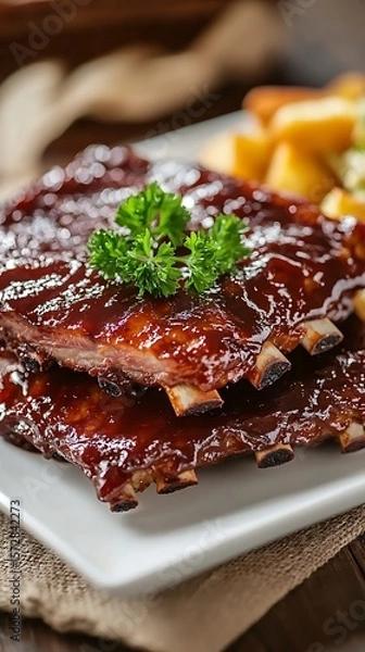 Fototapeta Close up of delicious barbecue ribs with french fries, and a parsley garnish