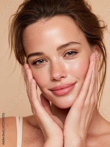 Fototapeta Hands lightly touching the face on both sides, conveying a moment of personal relaxation, suitable for advertising serum or relaxation products.