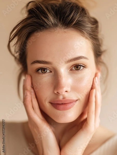 Fototapeta Hands lightly touching the face on both sides, conveying a moment of personal relaxation, suitable for advertising serum or relaxation products.