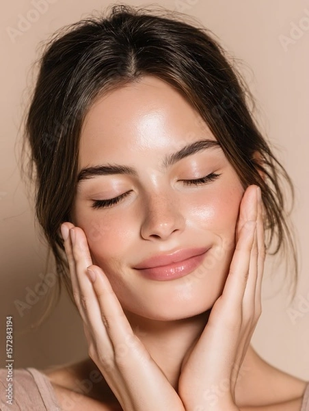 Fototapeta Hands lightly touching the face on both sides, conveying a moment of personal relaxation, suitable for advertising serum or relaxation products.