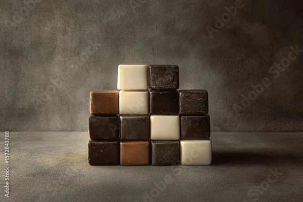 Fototapeta Elegant arrangement of dark, milk, and white chocolate squares on neutral textured surface with soft natural lighting