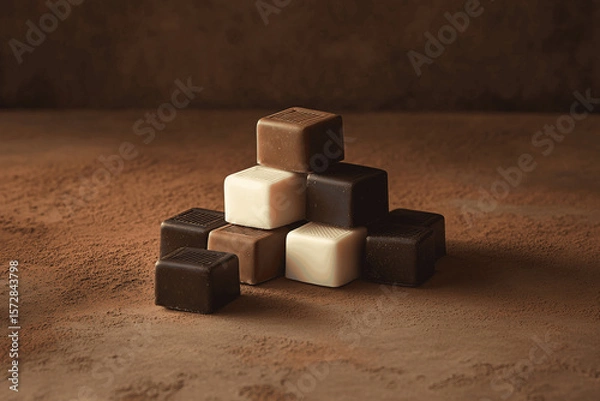 Fototapeta Elegant arrangement of dark, milk, and white chocolate squares on neutral textured surface with soft natural lighting