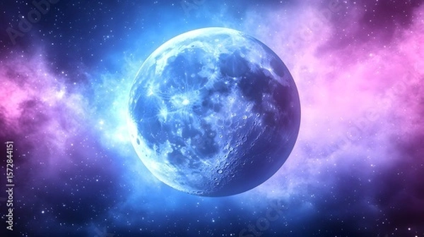 Fototapeta Glowing Moon with Vibrant Pink and Blue Nebula Backdrop in Space