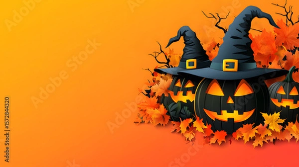 Fototapeta Halloween Jack-o'-Lanterns with Witch Hats Surrounded by Autumn Leaves