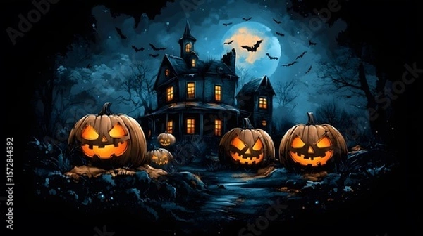 Fototapeta A mysterious Halloween night featuring glowing jack-o'-lanterns in front of a haunted house under a moonlit sky.
