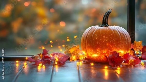 Fototapeta Glowing Pumpkin with Vibrant Autumn Leaves and String Lights Decor