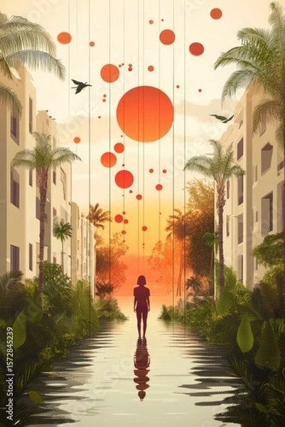 Fototapeta Serene Mindscape: Palm Trees and Setting Sun within a Female Silhouette