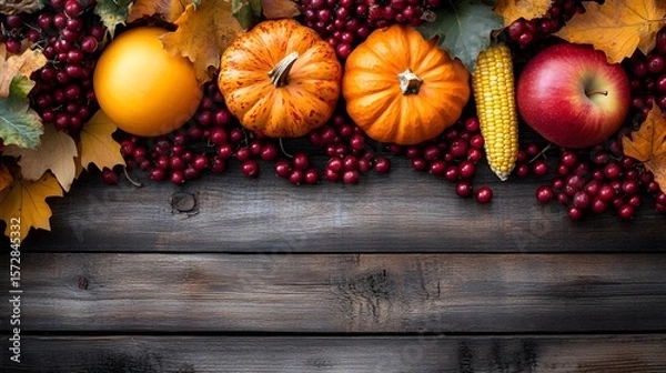 Fototapeta A vibrant autumn harvest scene featuring pumpkins, apples, corn, and cranberries arranged against a rustic wooden surface with colorful fall leaves.