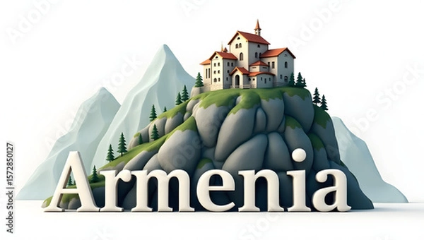 Fototapeta 3d illustration of Tatev Monastery with the word 'Armenia' beneath. Mountain backdrop and historic feel on white background.