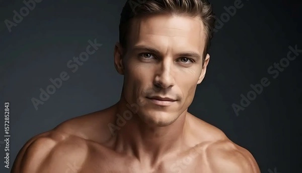 Obraz Stylish man with glowing skin and dramatic lighting. Ideal for premium men’s skincare branding.