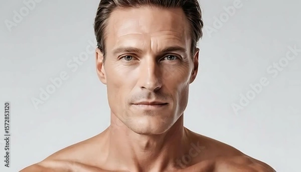 Obraz Detailed portrait of a man with symmetrical face and clear skin. Ideal for premium skincare visuals.