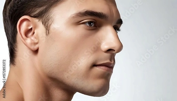 Obraz Side angle of a young man with symmetrical features and clean skin, perfect for beauty and skincare branding.