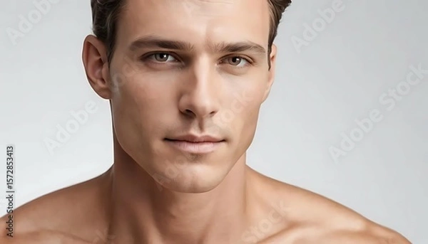Obraz Front-facing close-up of a young man with bright, healthy skin and soft lighting, ideal for skincare and facial product ads.