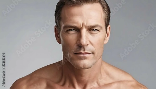 Obraz Focused portrait of a man with youthful skin and intense gaze. Ideal for masculine beauty and skincare visuals.