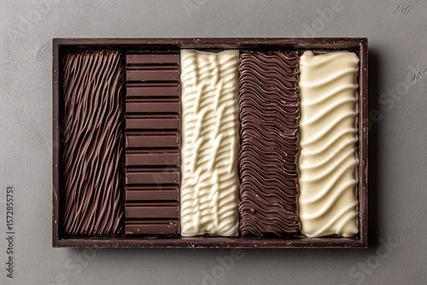 Fototapeta Assorted chocolate bars arranged in rectangular shape, top view food background