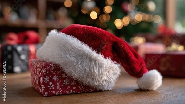 Fototapeta Red and white festive hat on wooden table surrounded by wrapped gift boxes in soft daylight.