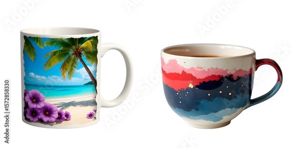 Fototapeta Set.Artistic coffee mugs with beach and abstract designs and copy space
