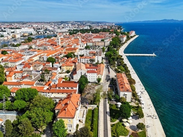 Fototapeta Aerial View of Coastal Croatian City Zadar with Red Roofs and Promenade