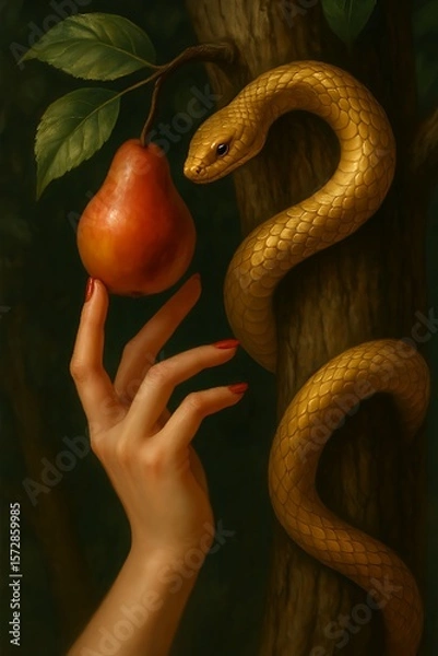 Obraz In the shadowed garden, a gilded serpent offers a fateful choice, its silent persuasion captured in the glow of the forbidden fruit and a single, deliberate and fateful touch