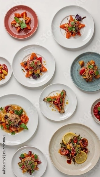 Fototapeta Overhead shot of an assortment of colorful tomato salads on plates against a white background