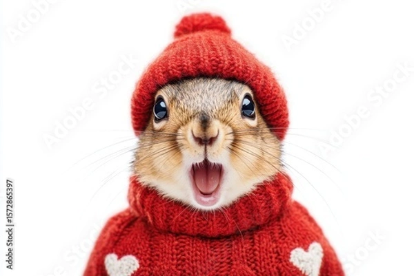 Fototapeta A Cute Squirrel Wearing a Red Sweater and Hat with Hearts, Captured in an Adorable Expression Against a White Background